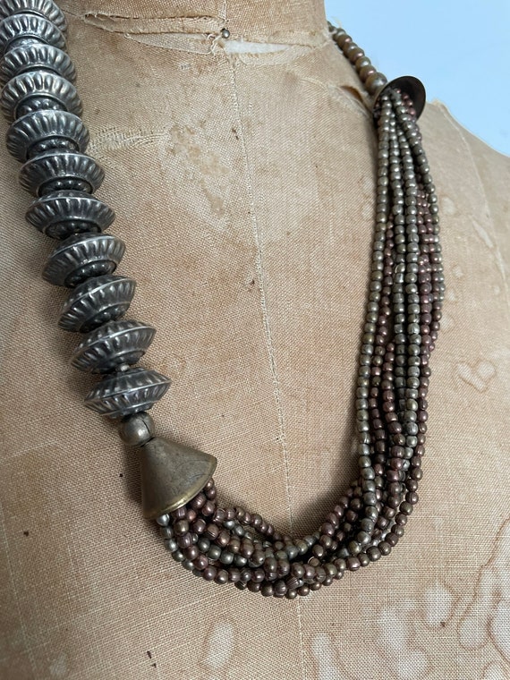Handcrafted ‘70s brass & silver beaded necklace |… - image 9