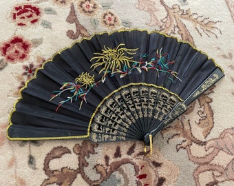 Vintage Spanish hand fan, black with colorful embroidery | filigree base, Halloween costume, gothic, bohemian, wonderful condition