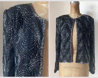 Vintage ‘80s ‘90s Stenay beaded jacket | black silk embellished jacket, India, S