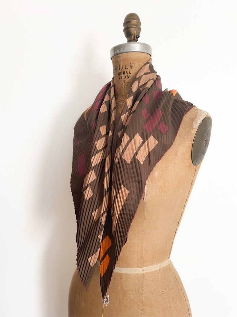 Autumn vibes 70s LANVIN PARIS chocolate brown silk scarf, orange & plum, accordion pleated scarf, soir, designer scarf, made in France image 7