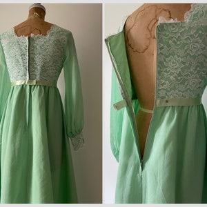 Vintage 1970s spearmint green maxi dress 70s prom dress, long sleeve gown, sheer organdy & lace, XS image 7