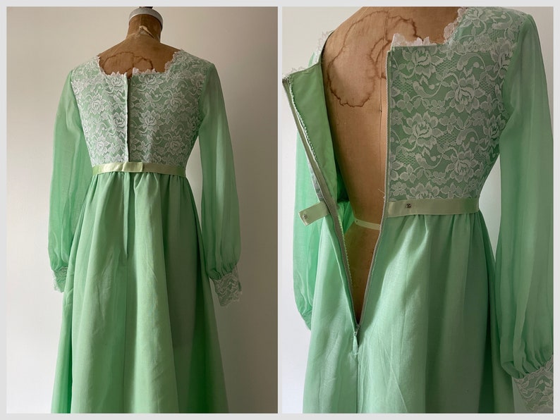 Vintage 1970s spearmint green maxi dress 70s prom dress, long sleeve gown, sheer organdy & lace, XS image 7