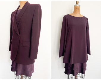 Vintage ‘80s - ‘90s Jones New York ladies suit, dress & blazer set | plum eggplant wine, tiered dress, S