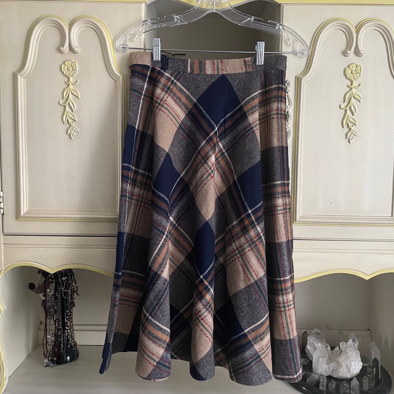 70's Blue Plaid Tartan Wool Skirt main image 0