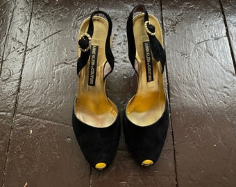 Vintage ‘80s Anne Klein Couture black suede slingback heels | peep toe made in Italy, gold trim, marked 8M, fits 7M