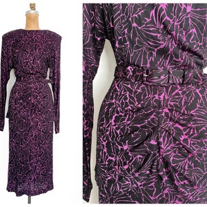 Vintage ‘80s designer Nicole Miller rayon knit dress with peplum | magenta & black graphic print dress, 1980’s dramatic ruched dress, S/M