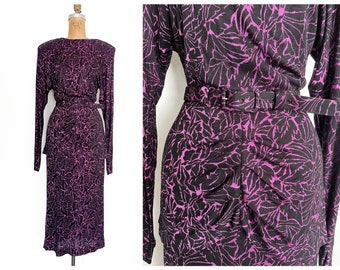 Vintage ‘80s Nicole Miller rayon knit dress with peplum | magenta & black graphic print dress, dramatic ruched dress, gothic aesthetic, S/M