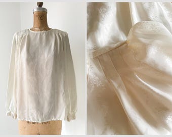 Vintage ‘80s ‘90s silky polyester blouse | cream floral jacquard satin stripe, off-white, winter white, ladies S/M