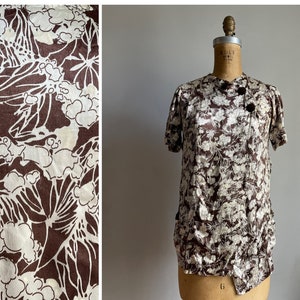 True vintage 1940s rayon satin blouse brown & ivory print smock top, Autumn vibes, XXS XS image 2