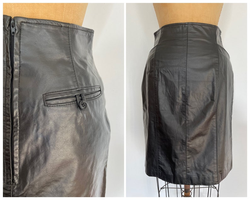 Vintage 90s Wilsons black leather skirt high waisted, knee length, pink, grunge aesthetic, XS/S image 1