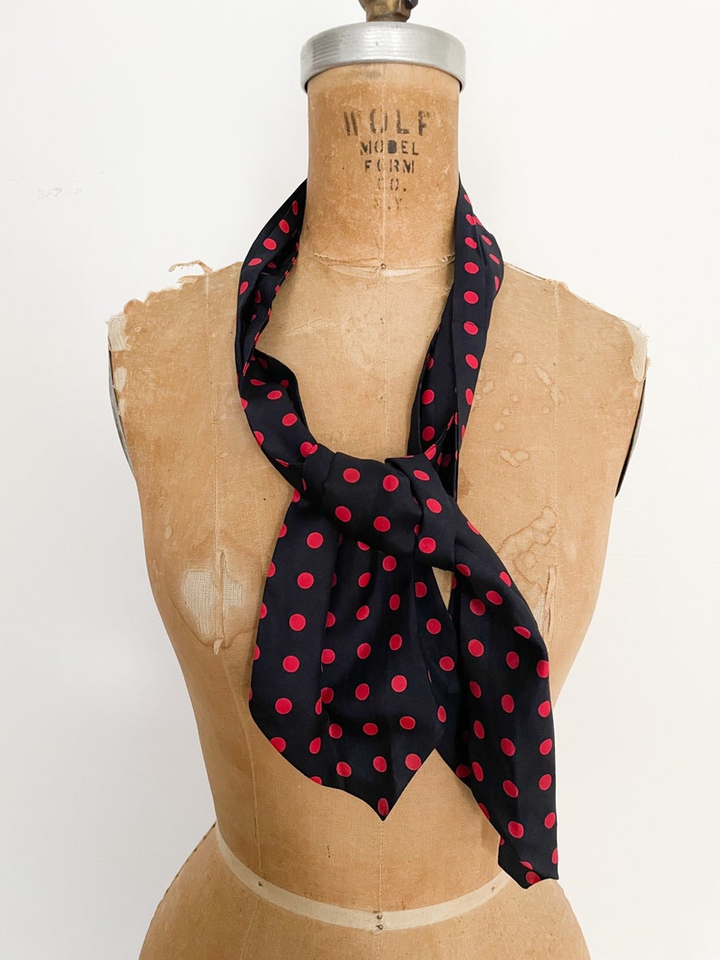 Vintage 80s all silk cravat, neck scarf navy blue & red polka dot, beautiful quality image 3