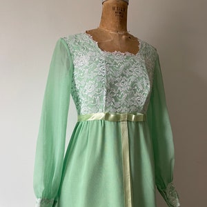 Vintage 1970s spearmint green maxi dress 70s prom dress, long sleeve gown, sheer organdy & lace, XS image 5