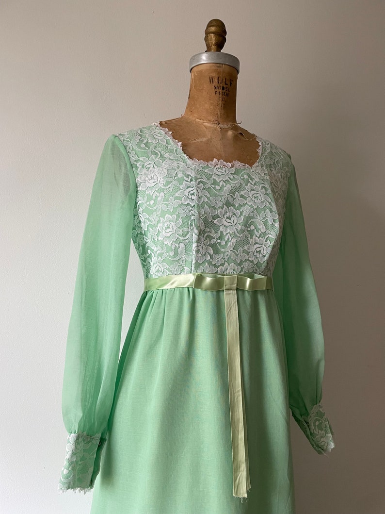 Vintage 1970s spearmint green maxi dress 70s prom dress, long sleeve gown, sheer organdy & lace, XS image 5