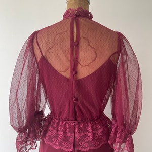 Vintage 1970s early 80s 2 piece dress set Victorian lace blouse & spaghetti strap disco dress, berry wine, XS image 8