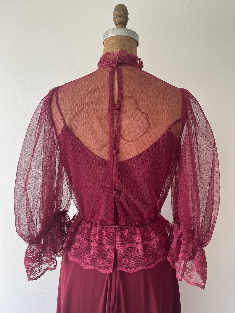 Vintage 1970s early 80s 2 piece dress set Victorian lace blouse & spaghetti strap disco dress, berry wine, XS image 8