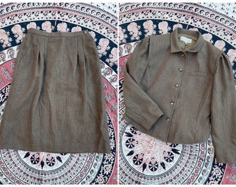 Vintage ‘80s Jones New York skirt suit | muted brown and gray check, matching skirt & blazer, 2 small holes, S/M