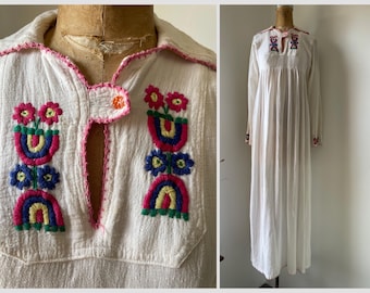 Vintage 1960’s ‘70s ivory gauze maxi dress, embroidered flowers & rainbows | hippie maxi gown, boho festival, XS/S