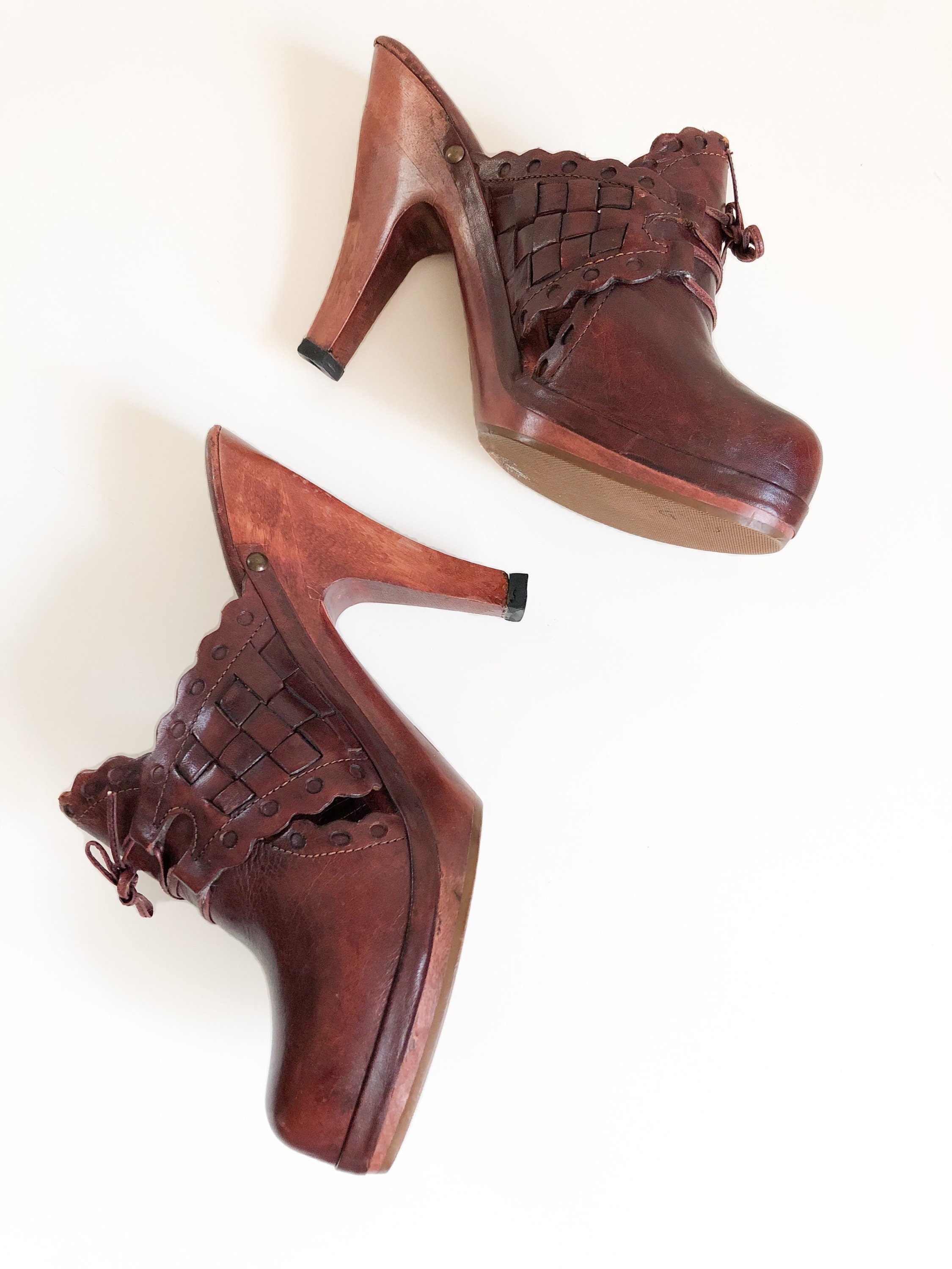 Vintage 1970s Burgundy Woven Leather High Heel Platform Clogs Etsy UK