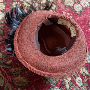 Antique early 20th century childrens hat, woven straw hat with black feather plume Edwardian era girls hat, ladies tilt hat, topper image 7