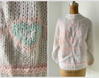 Vintage ‘80s Carriage Court heart sweater | cozy heart jacquard knit pullover, pastel aesthetic S/M