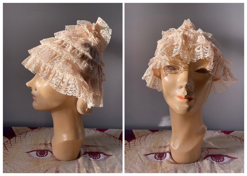 Vintage 1940s cream lace pixie cap whimsical lace topper, pointy cap, fairy core, Halloween costume image 1