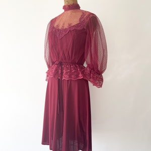 Vintage 1970s early 80s 2 piece dress set Victorian lace blouse & spaghetti strap disco dress, berry wine, XS image 3