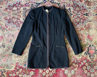 Vintage Linda Allard for Ellen Tracy jacket | black wool crepe zip up blazer, S