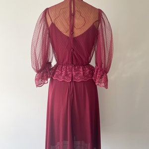 Vintage 1970s early 80s 2 piece dress set Victorian lace blouse & spaghetti strap disco dress, berry wine, XS image 9