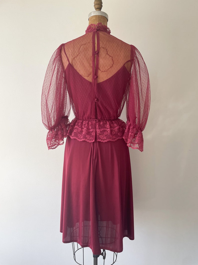 Vintage 1970s early 80s 2 piece dress set Victorian lace blouse & spaghetti strap disco dress, berry wine, XS image 9