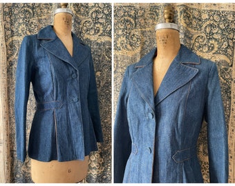 Vintage ‘70s wide lapel dark wash denim blazer | high end designer jacket with butter soft leather details & peplum, M