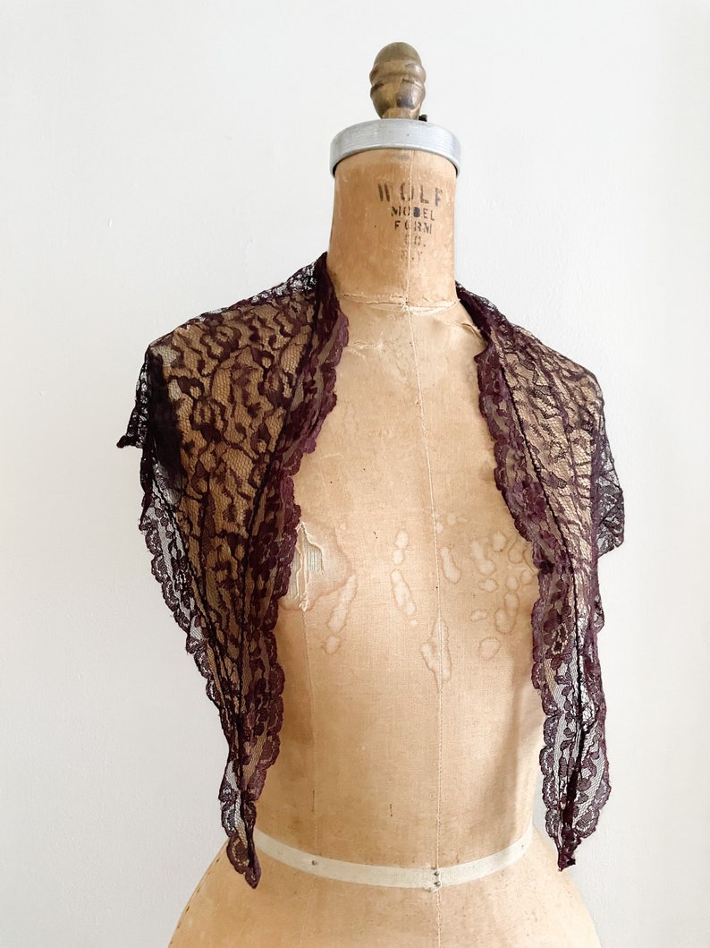 Vintage 1950s dark burgundy wine lace scarf, vintage head scarf, goth aesthetic, gothic scarf image 5