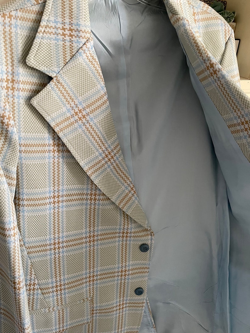manteau sport vintage des années 1970 à large revers, esthétique des années 70 Veste printanière en polyester à carreaux pastel, mariage des années 70, homme M image 7