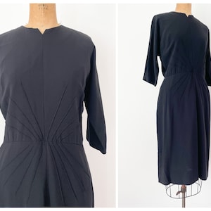 Vintage 1950’s A. Pornette elegant black crepe dress with sunburst pintucks | designer dress, 3/4 length sleeves, below the knee, M