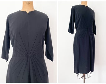 Vintage 1950’s A. Pornette elegant black crepe dress with sunburst pintucks | designer dress, 3/4 length sleeves, below the knee, M