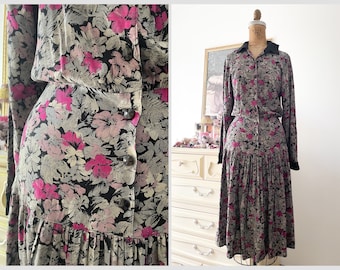Vintage ‘80s Maggy London by Jeannene Booher floral print dress | soft rayon drop waist dress, gray & fuschia flowers, XS