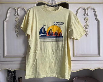 Vintage 1970’s ‘80s St. Marten tshirt | USA 50/50 poly cotton soft tee, sailboats & sunset graphic tee