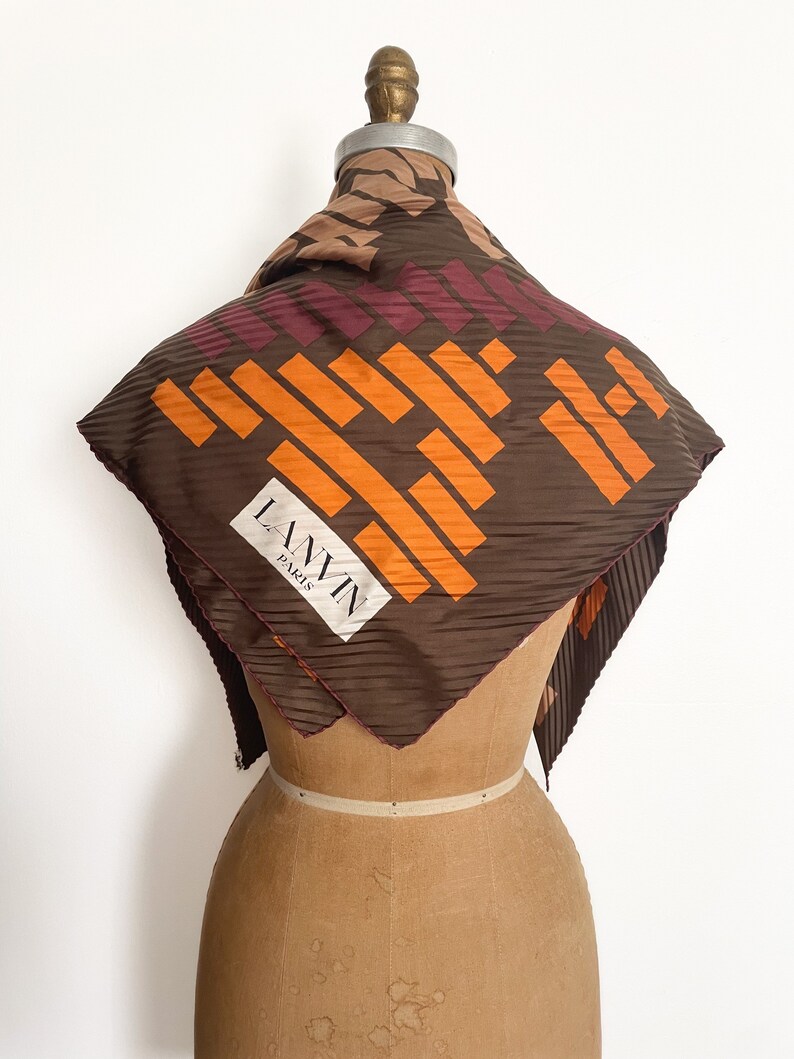 Autumn vibes 70s LANVIN PARIS chocolate brown silk scarf, orange & plum, accordion pleated scarf, soir, designer scarf, made in France image 2