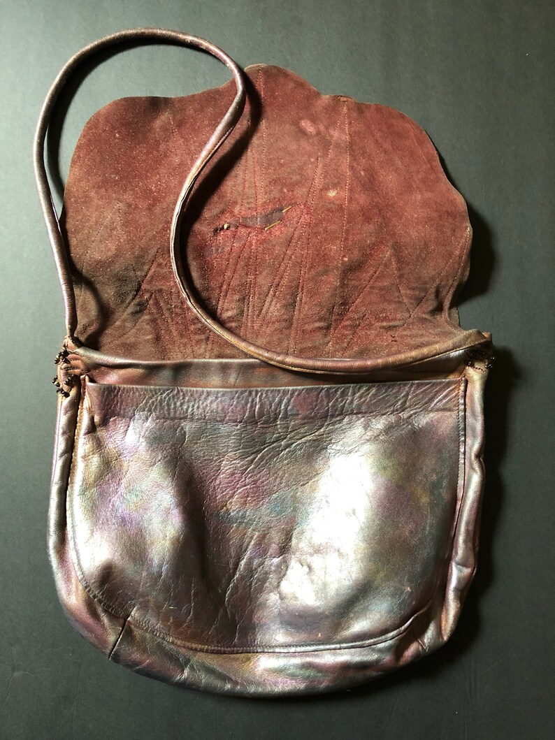 Vintage 1980s hand crafted artisan shoulder bag early 80s iridescent metallic leather purse with beaded tassels