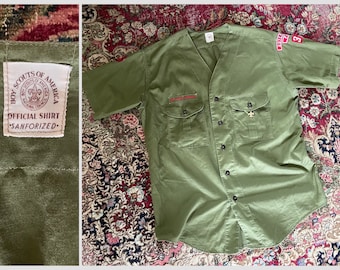 True vintage 1950’s Boy Scouts uniform shirt, drab green Sanforized cotton shirt | shirt sleeve uniform shirt with patches, size adult L