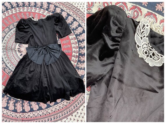 Vintage ‘80s ‘90s black velvet dress, puff sleeve… - image 3