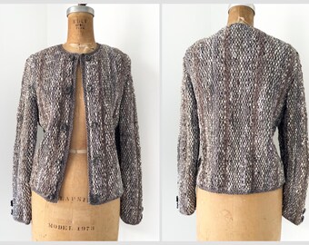 Vintage couture quality rag knit cardigan, gray rag knit sweater | high end knit sweater with pewter trim, S/M