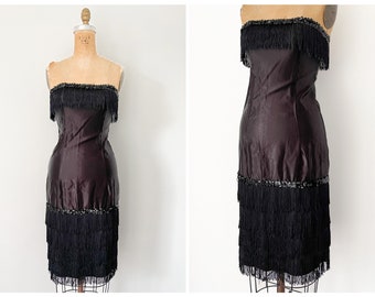 Vintage ‘80s strapless satin dress with fringe & sequin trim | flapper costume, party dress, prom dress, juniors XXS/XS