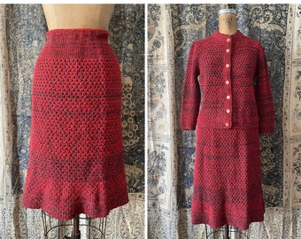 Vintage 1940’s ‘50s SUZY DEE cardigan sweater & knit skirt set / mid century, Fall sweater outfit, Autumn vibes, candy apple red, S/M