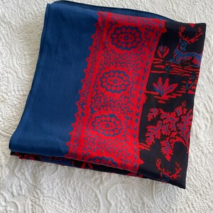 Gorgeous vintage Indian silk scarf, red & navy blue figural, lions, deer print scarf, extra large scarf image 7