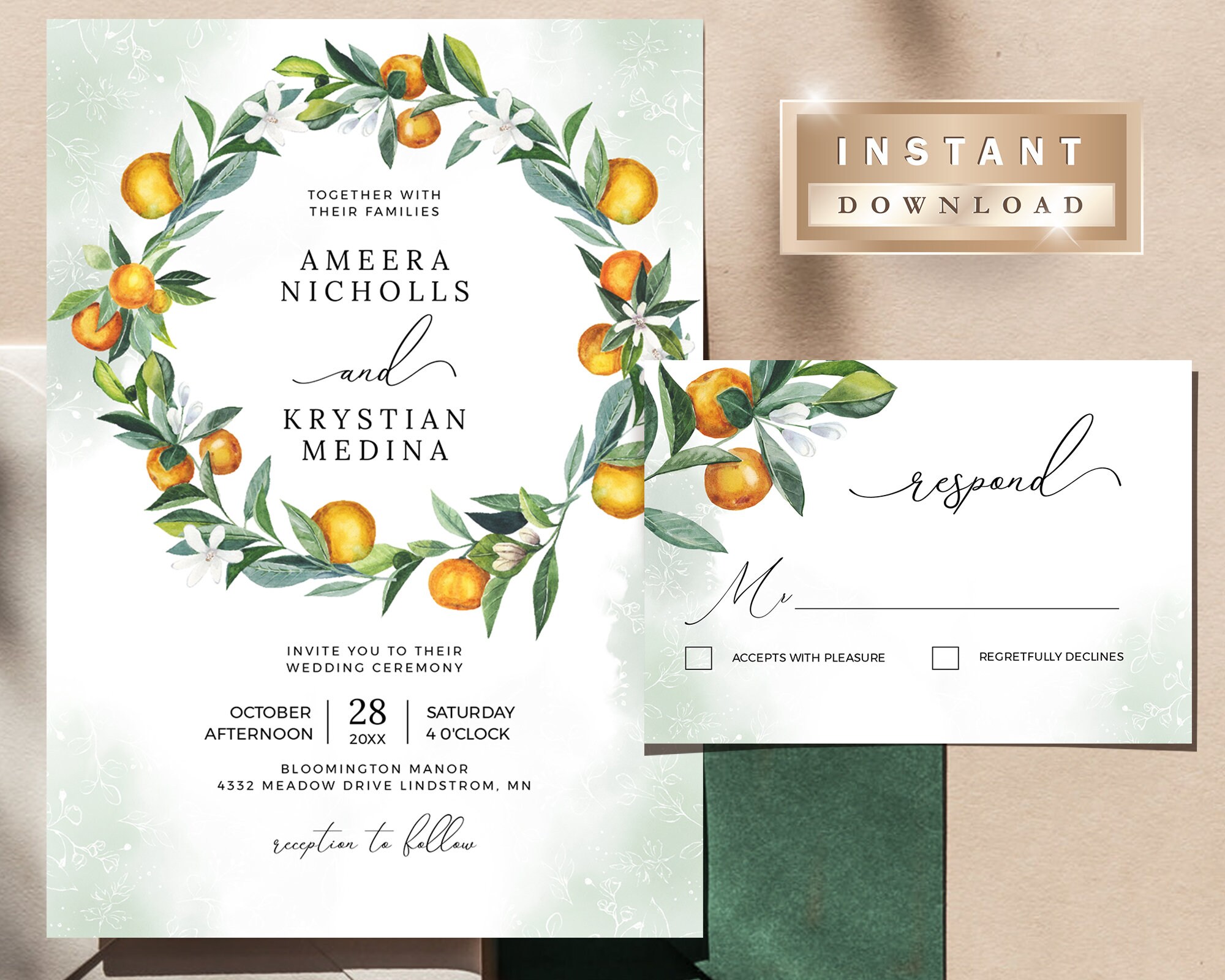 Citrus Wedding Invitation Summer Wedding Invitation Template Etsy