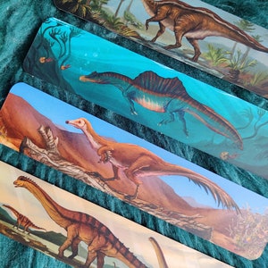 Spinosaurus, Mononykus, Parasaurolophus, Patagotitan | Dinosaur double-sided fossil bookmarks
