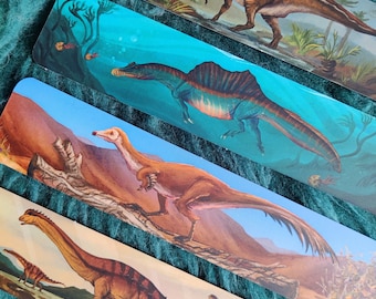 Spinosaurus, Mononykus, Parasaurolophus, Patagotitan, Ichtyosaurus, Ankylosaurus | Dinosaur double-sided fossil bookmarks