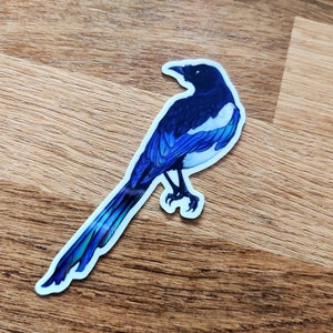 May include: A blue and black magpie sticker with iridescent blue wings and a white belly. The magpie is perched on a branch with its head turned to the side.