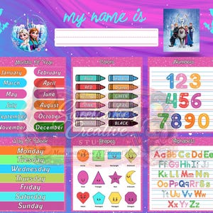 May include: Educational poster with colorful graphics for learning. Includes sections for months, colors, numbers, shapes, and the alphabet. Features images of characters from the movie Frozen, with the text "My name is".