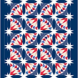 Może przedstawiać: Patriotyczny wzór na kołdrę z granatową obwódką i powtarzającym się wzorem białych gwiazd i bloków ćwierćokręgów. Bloki prezentują czerwone, białe i niebieskie trójkąty i zakrzywione elementy, tworząc geometryczną kompozycję.